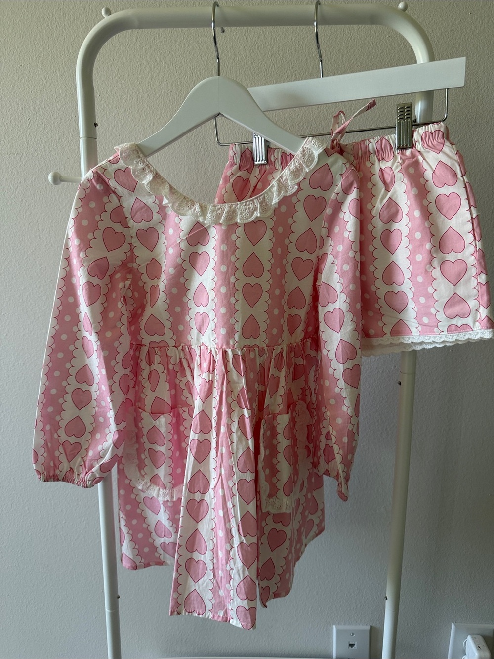 SweetHoney Pink Heart Print Girls Pajama Set with Lace Trim